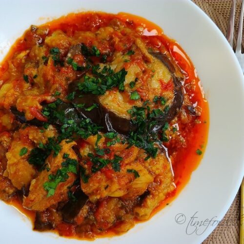 Stewed Eggplant In Tomato Sauce With Pork (Romanian Dish)